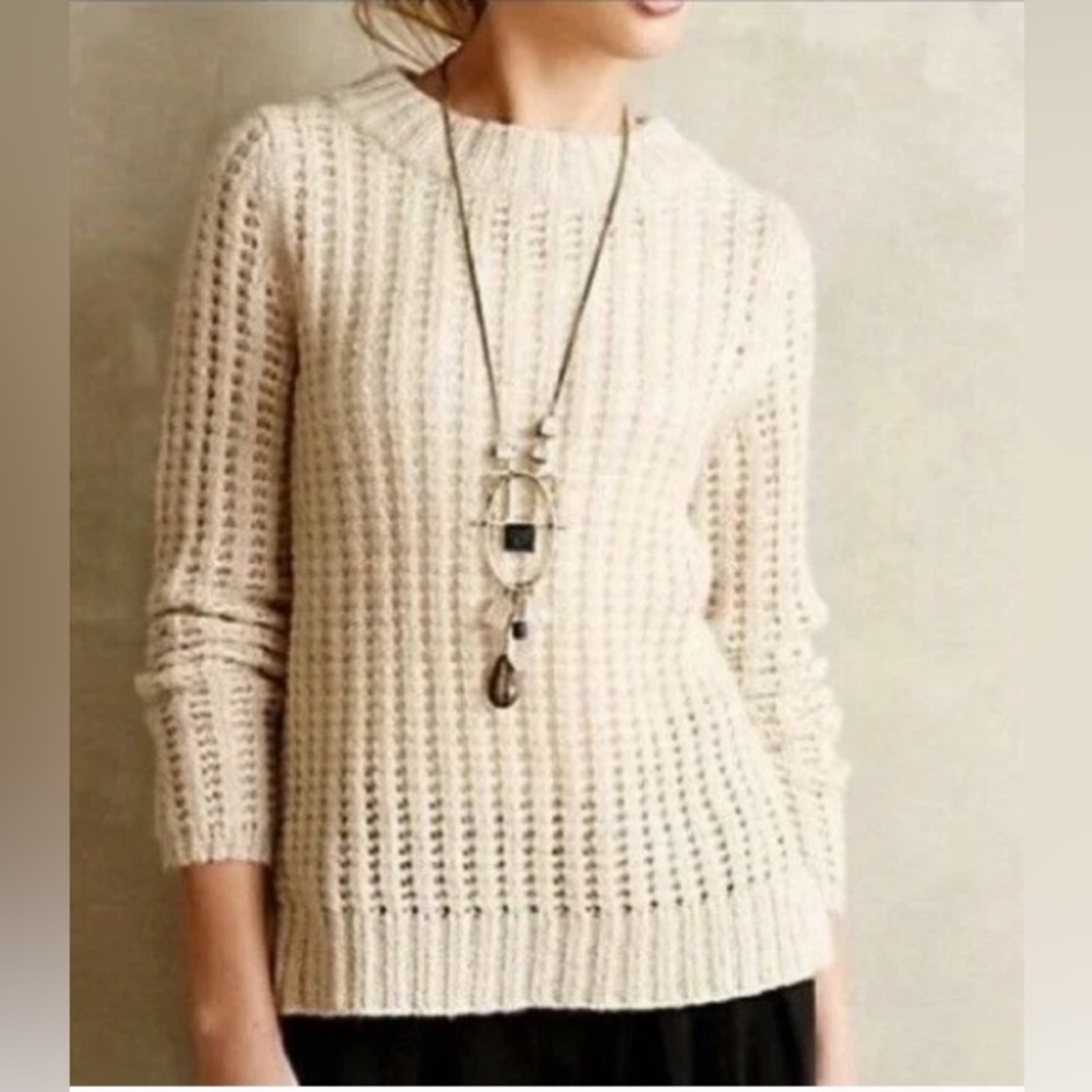 🌾🌸 Anthropologie Field Flower Oat Waffle Knit Wool Blend Sweater Sz S Like New!